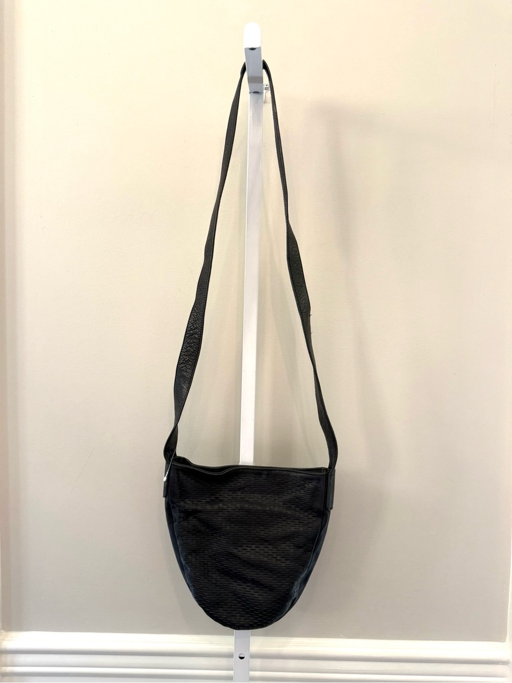 Montserrat De Lucca Black Laser Cut Perforated Leather Crossbody Bag OS